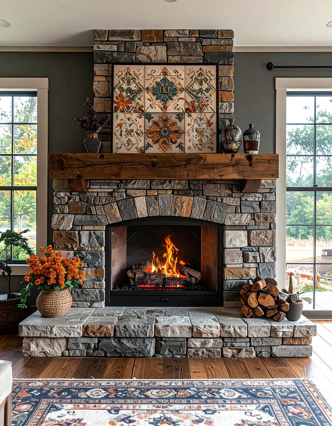 Mixed Material Farmhouse Fireplace Tile Design - 30 Farmhouse Fireplace Tile Ideas for a Cozy Ambiance