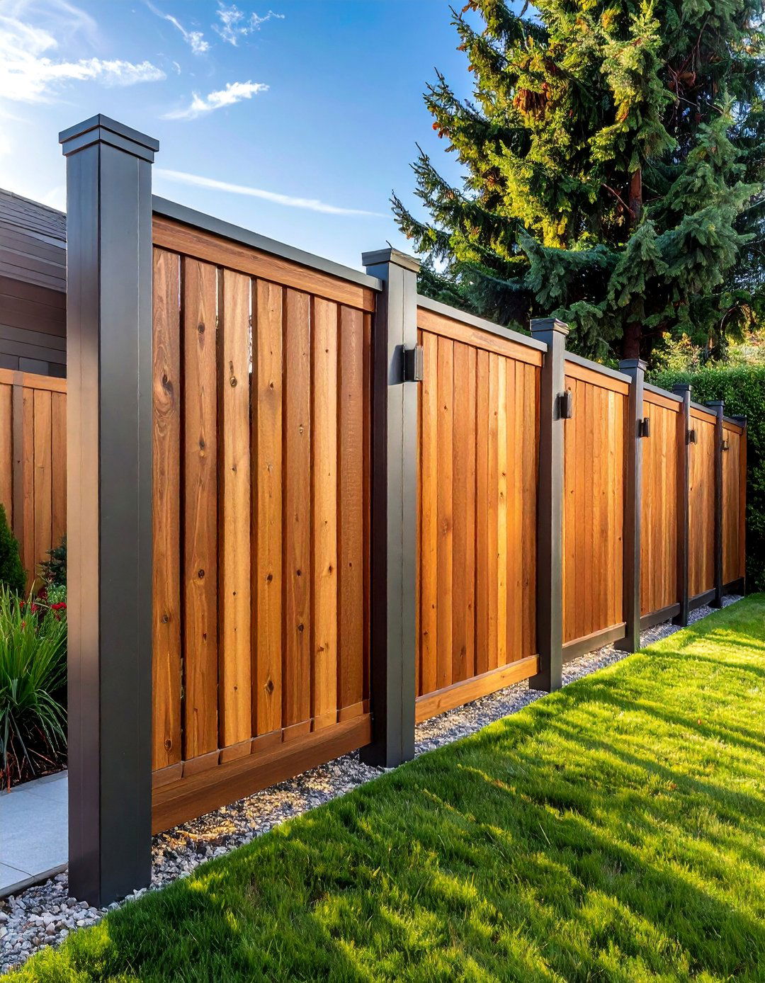 Mixed Material Wood and Metal Frame Fence - 25 Backyard Fence Ideas to Enhance Your Outdoor Space