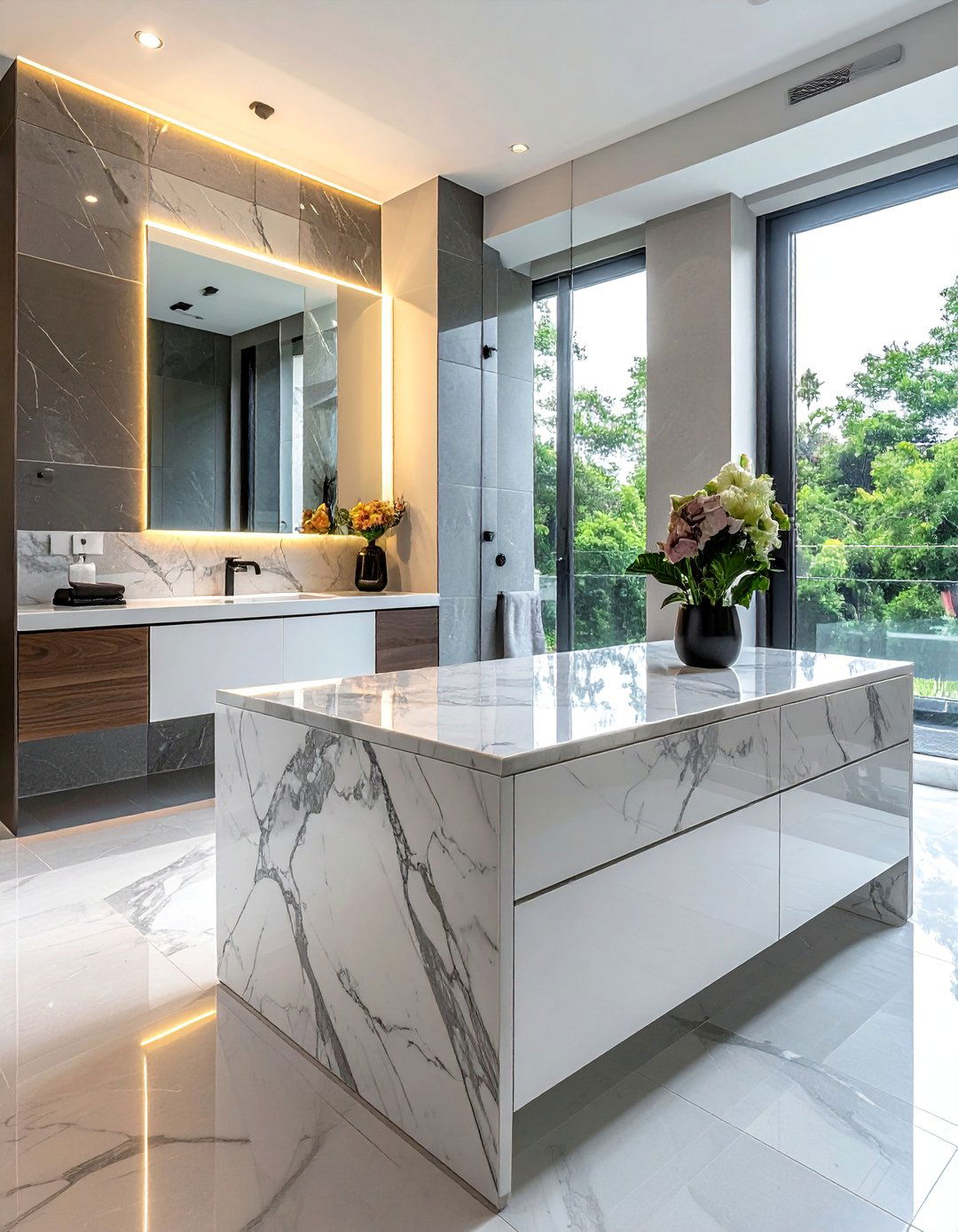 Modern Bathroom with a Neutral Stone Countertop - 40 Modern Bathroom Ideas for a Sleek and Stylish Look