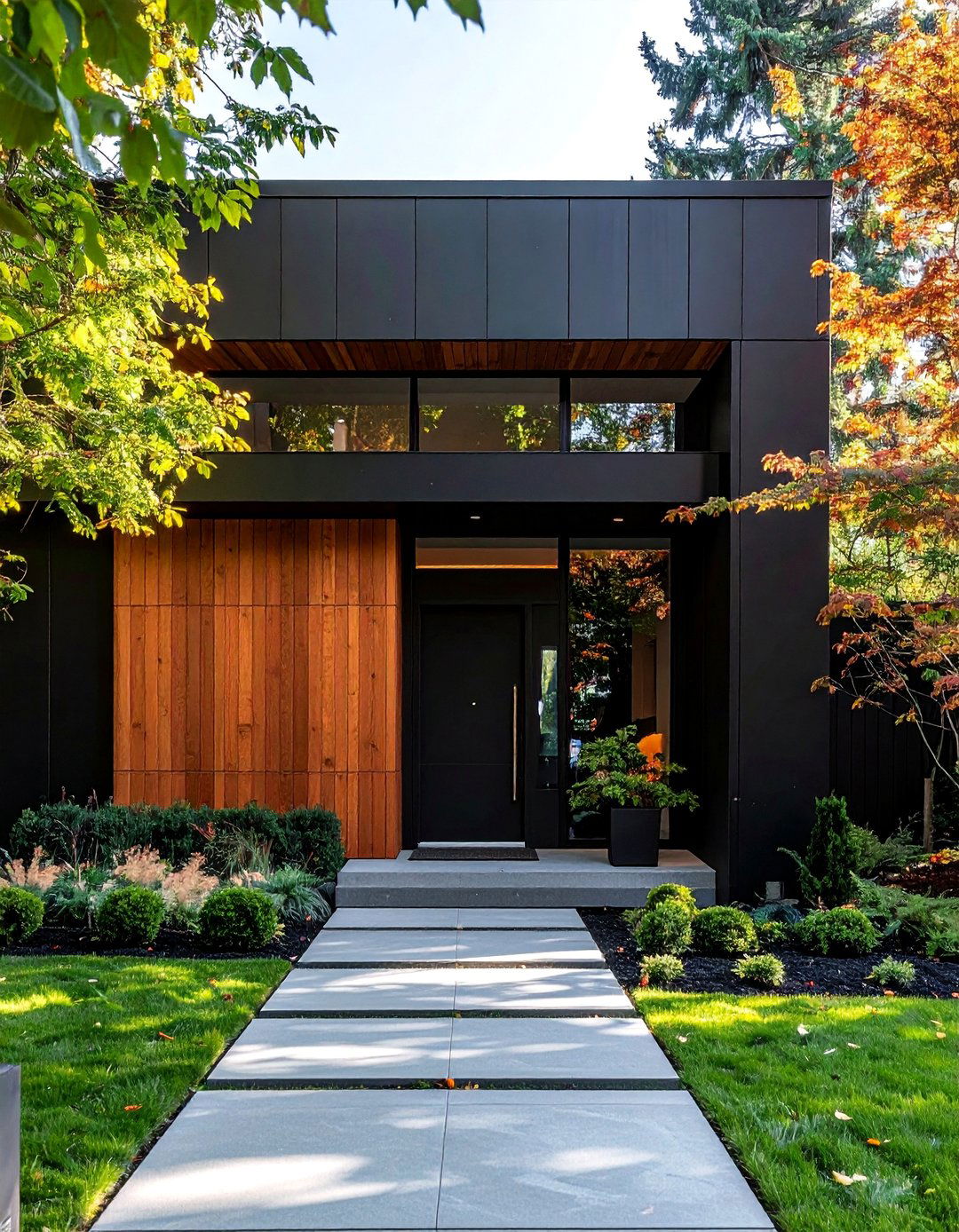 Modern Black Home with a Wood Clad Entryway - 20 Black House With Wood Accents Ideas for a Bold Style