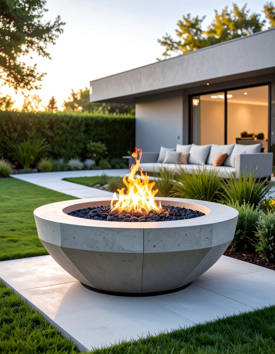 Modern Concrete Bowl Fire Feature - 20 Front Yard Fire Pit Ideas for Cozy Evenings