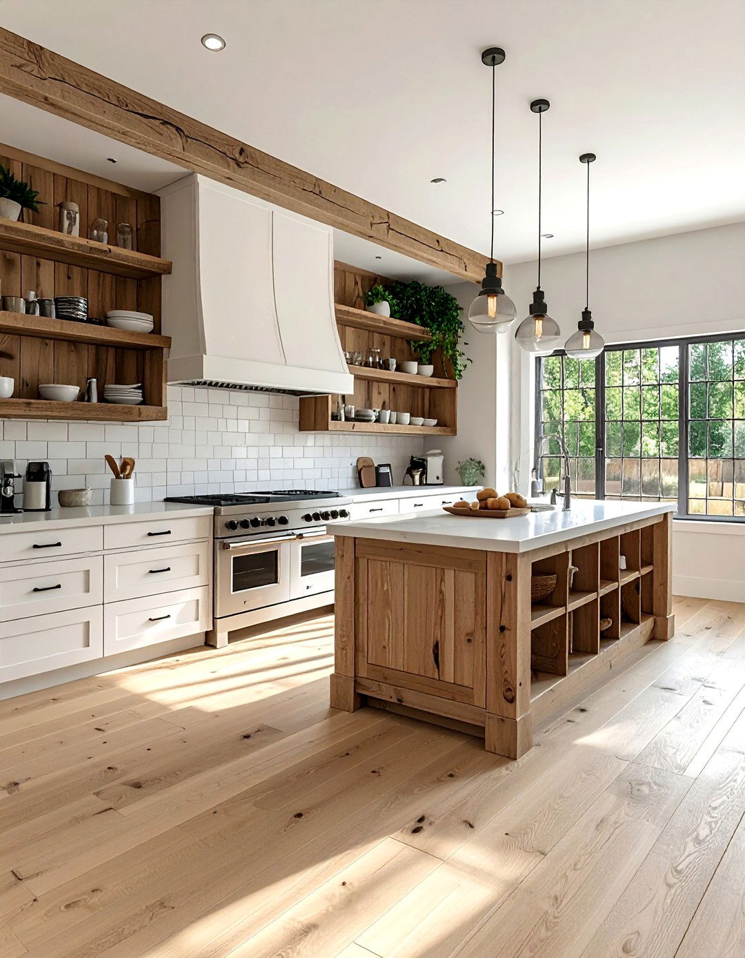 Modern Farmhouse Light Wood Floor Kitchen with Open Shelving - 20 Light Wood Floor Kitchen Ideas for a Bright Space