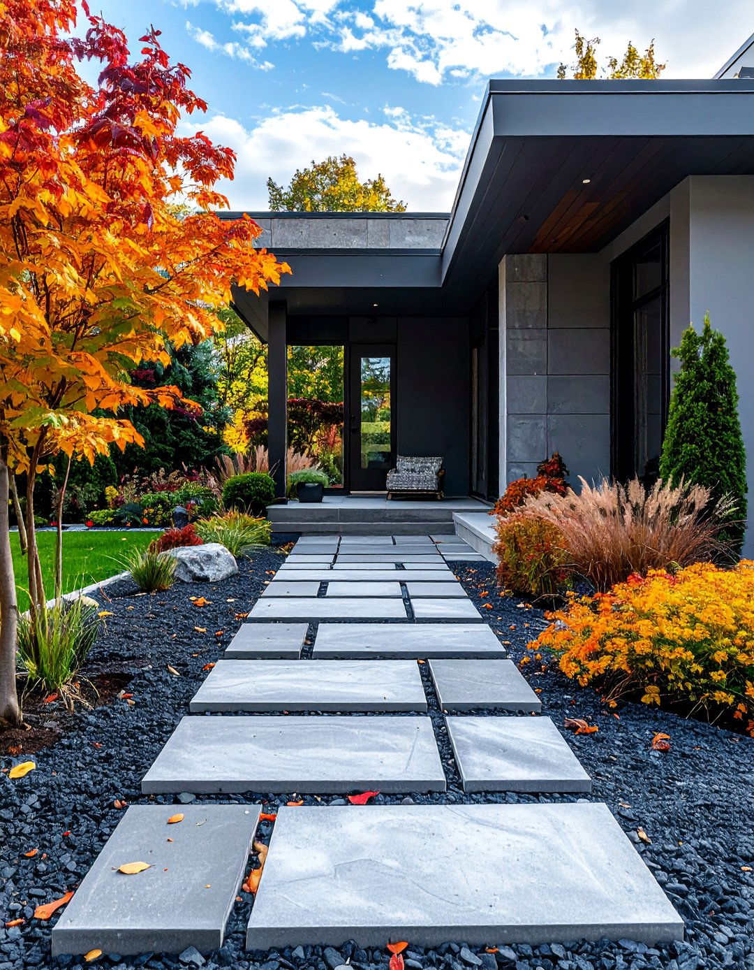 Modern Front Porch with Asymmetrical Paver Walkway - 25 Modern Front Porch Ideas for a Welcoming Entrance