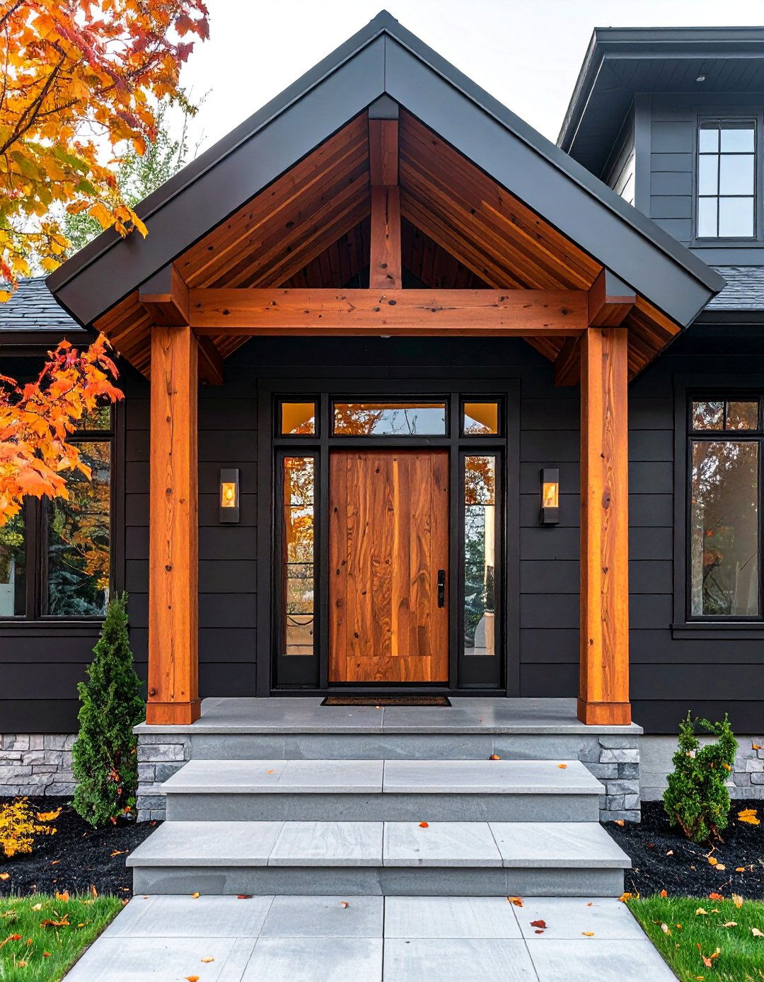 Modern Front Porch with Dark Charcoal and Wood Accents - 25 Modern Front Porch Ideas for a Welcoming Entrance