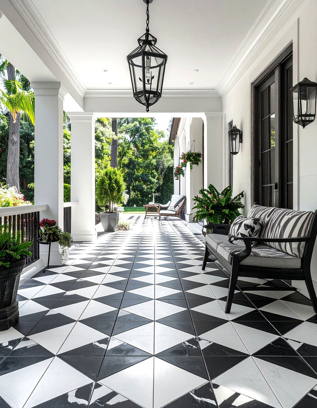 Modern Front Porch with Geometric Patterned Floor Tiles - 25 Modern Front Porch Ideas for a Welcoming Entrance