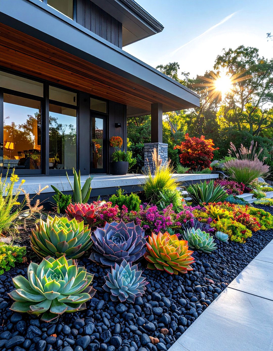 Modern Front Porch with Low Maintenance Succulent Gardens - 25 Modern Front Porch Ideas for a Welcoming Entrance