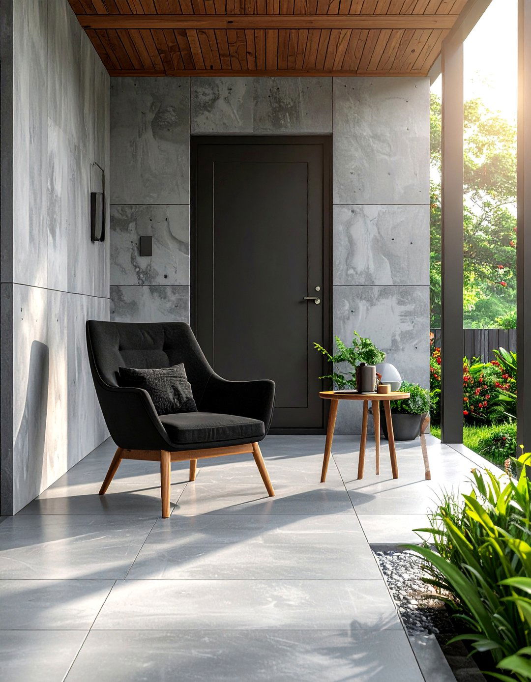 Modern Front Porch with Polished Concrete Flooring - 25 Modern Front Porch Ideas for a Welcoming Entrance
