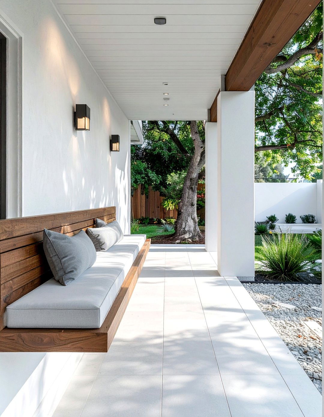 Modern Front Porch with a Floating Bench - 25 Modern Front Porch Ideas for a Welcoming Entrance