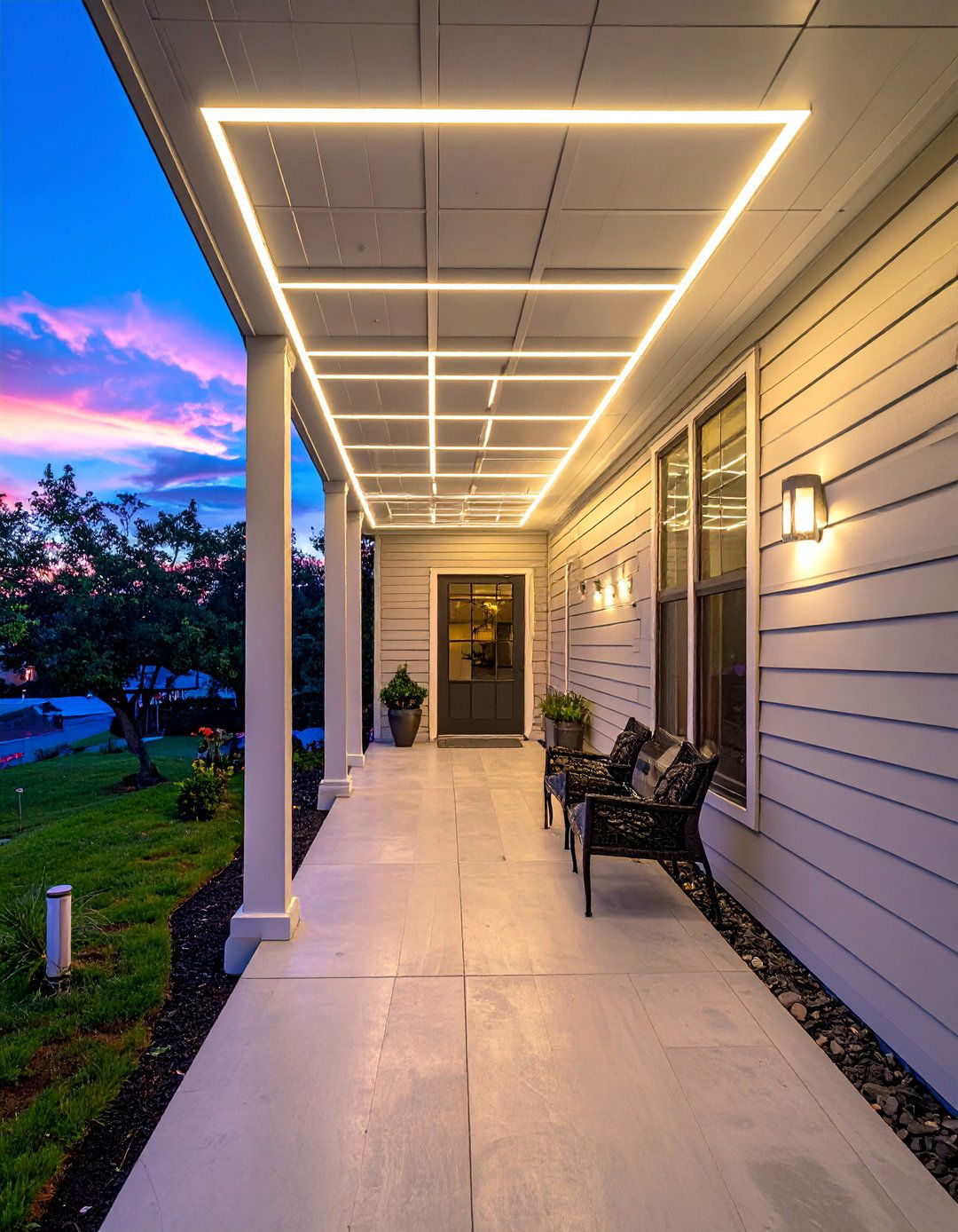 Modern Geometric Grid Pattern - 20 Front Porch String Lights Ideas for a Cozy Ambiance