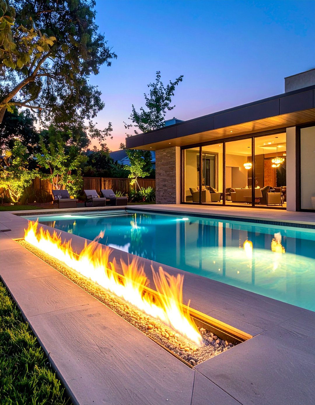 Modern Pool with Linear Fire Features - 40 Backyard Pool Ideas for a Refreshing Summer Oasis