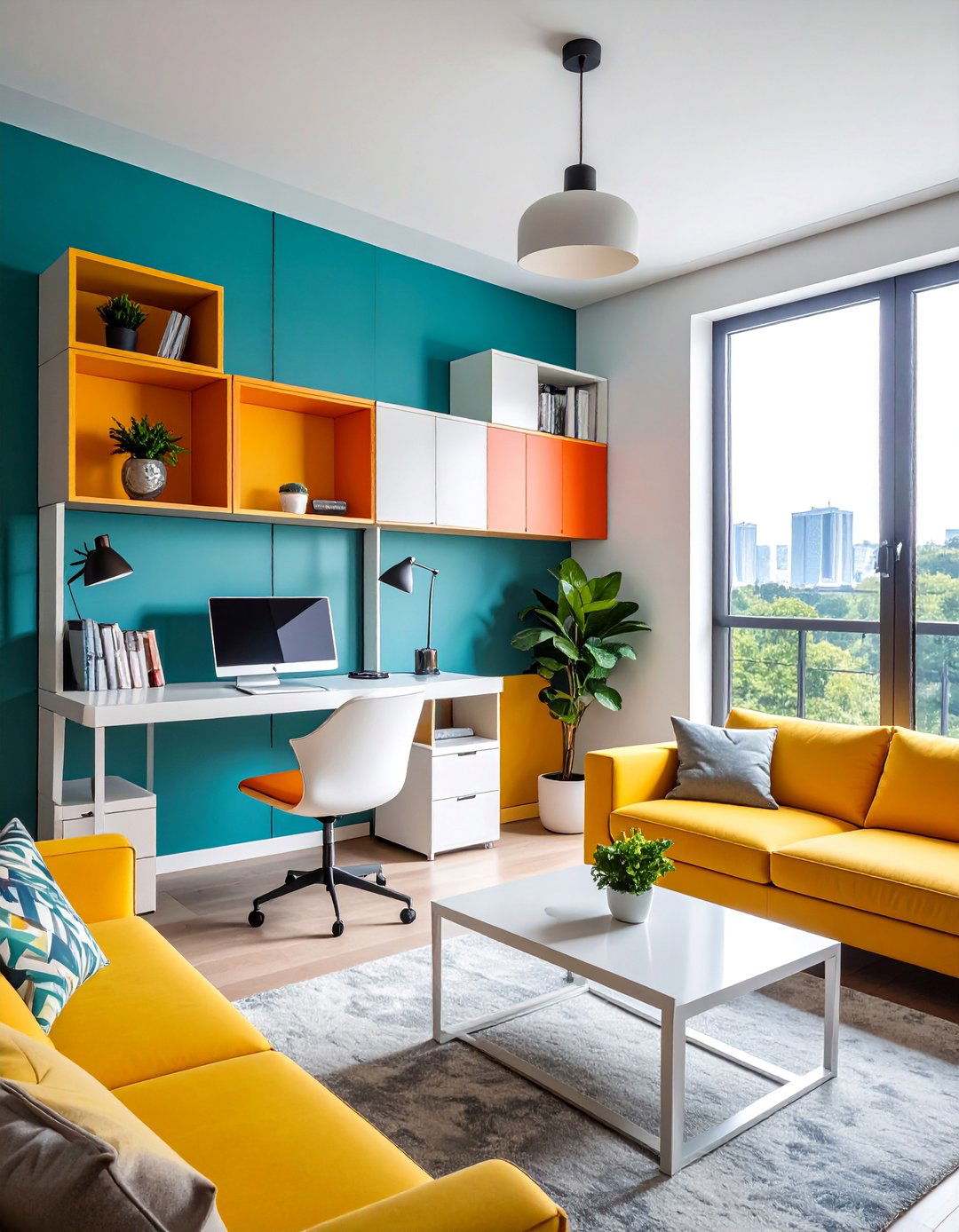 Modular Shelving Workspace - 30 Desk in Living Room Ideas for a Functional Space