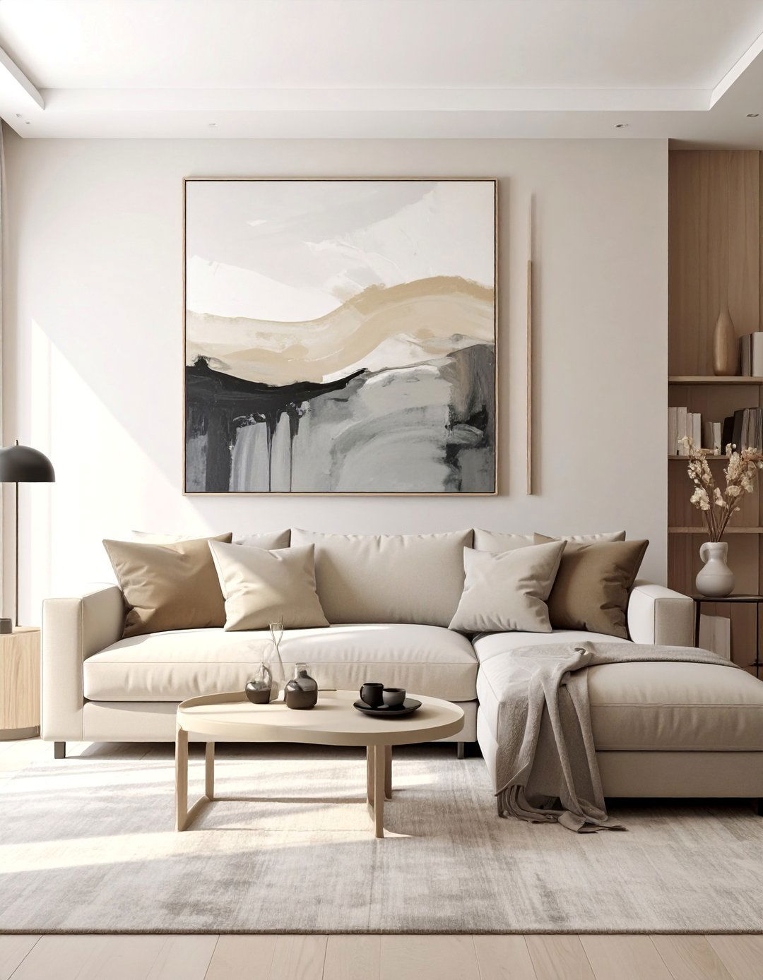 Monochromatic Beige Room with Grey Art - 30 Grey and Beige Living Room Ideas for Warmth