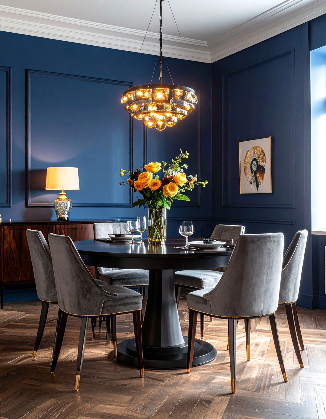 Moody Blue with Dark Wood Furniture - 40 Blue Dining Room Ideas for a Serene Space
