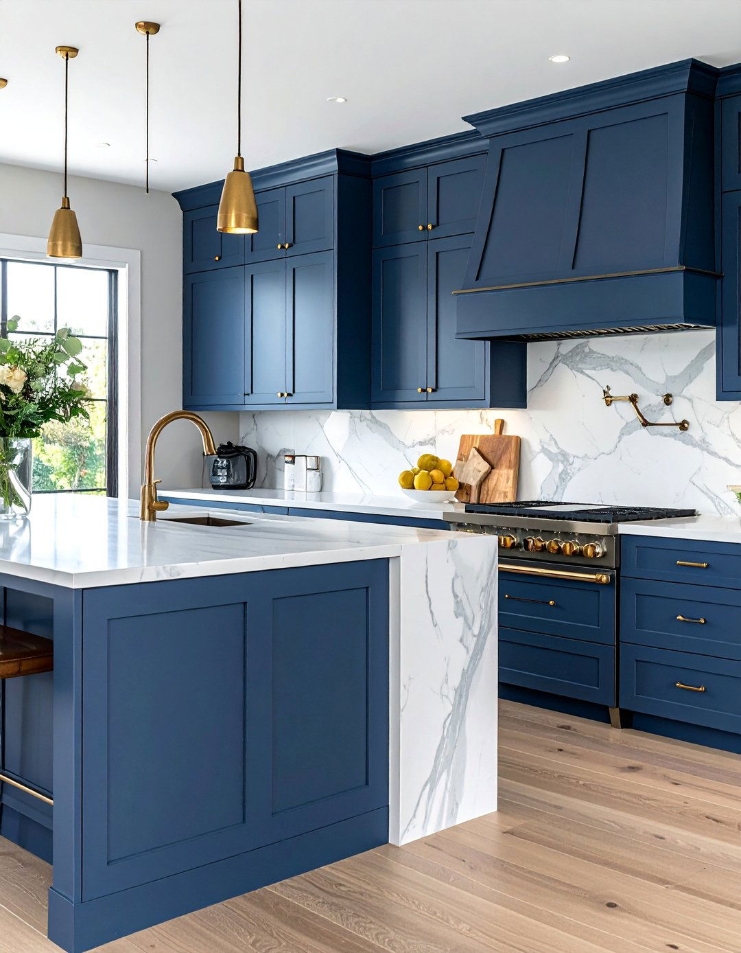 Moody Indigo Blue Cabinets with Gold Hardware - 30 Blue Farmhouse Kitchen Cabinets for a Cozy Feel