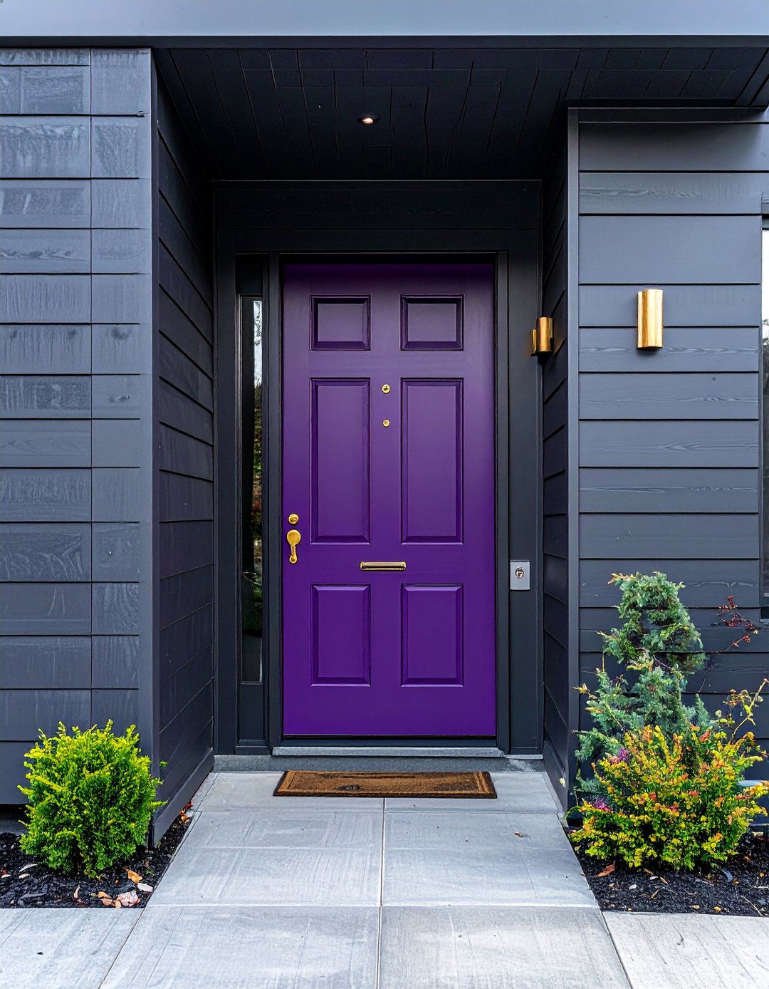 Moody Indigo Purple Front Door Against Dark Siding - 20 Purple Front Door Ideas for a Bold Entrance