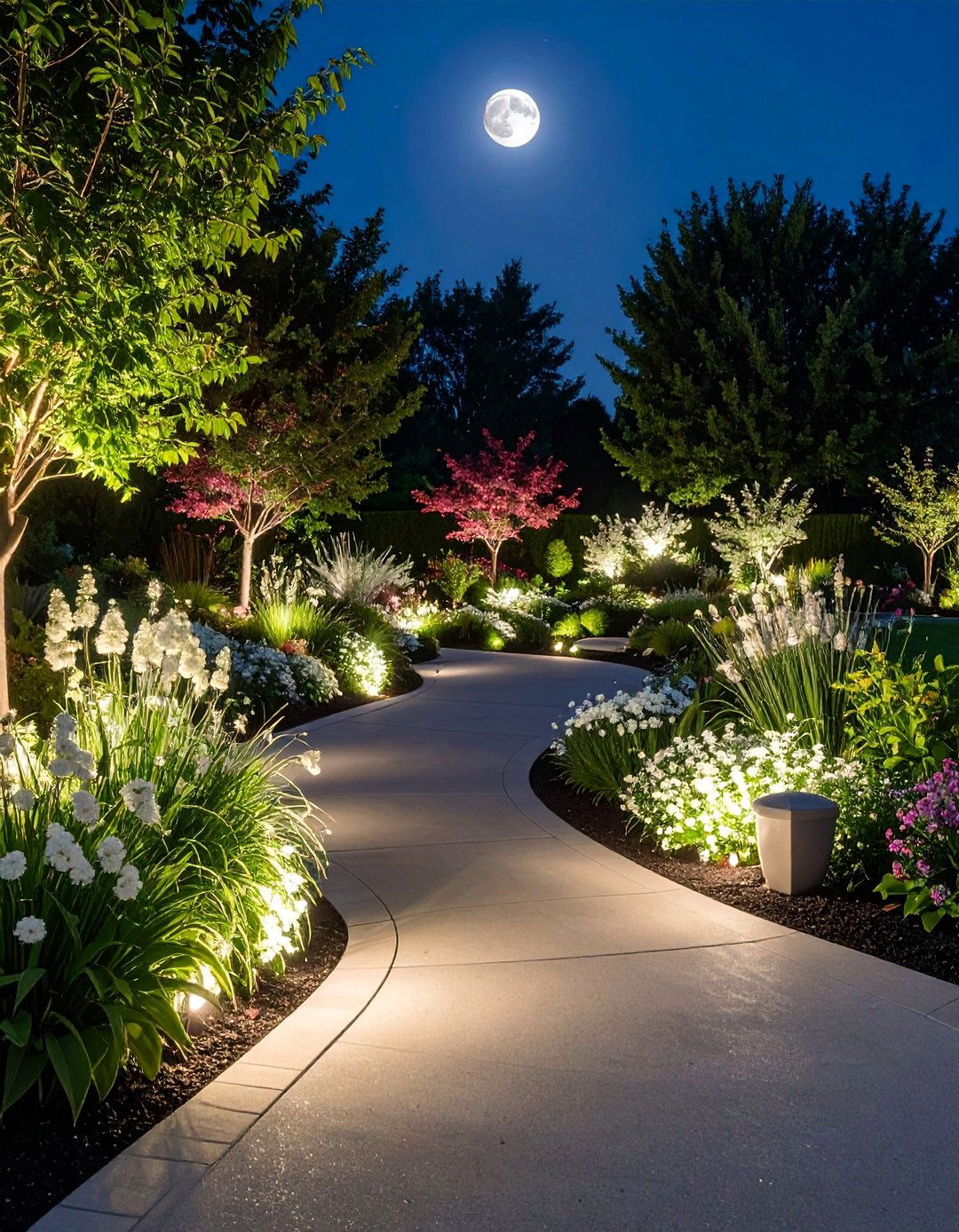 Moonlight Garden Evening Display - 30 Circular Driveway Landscaping Ideas for Your Home