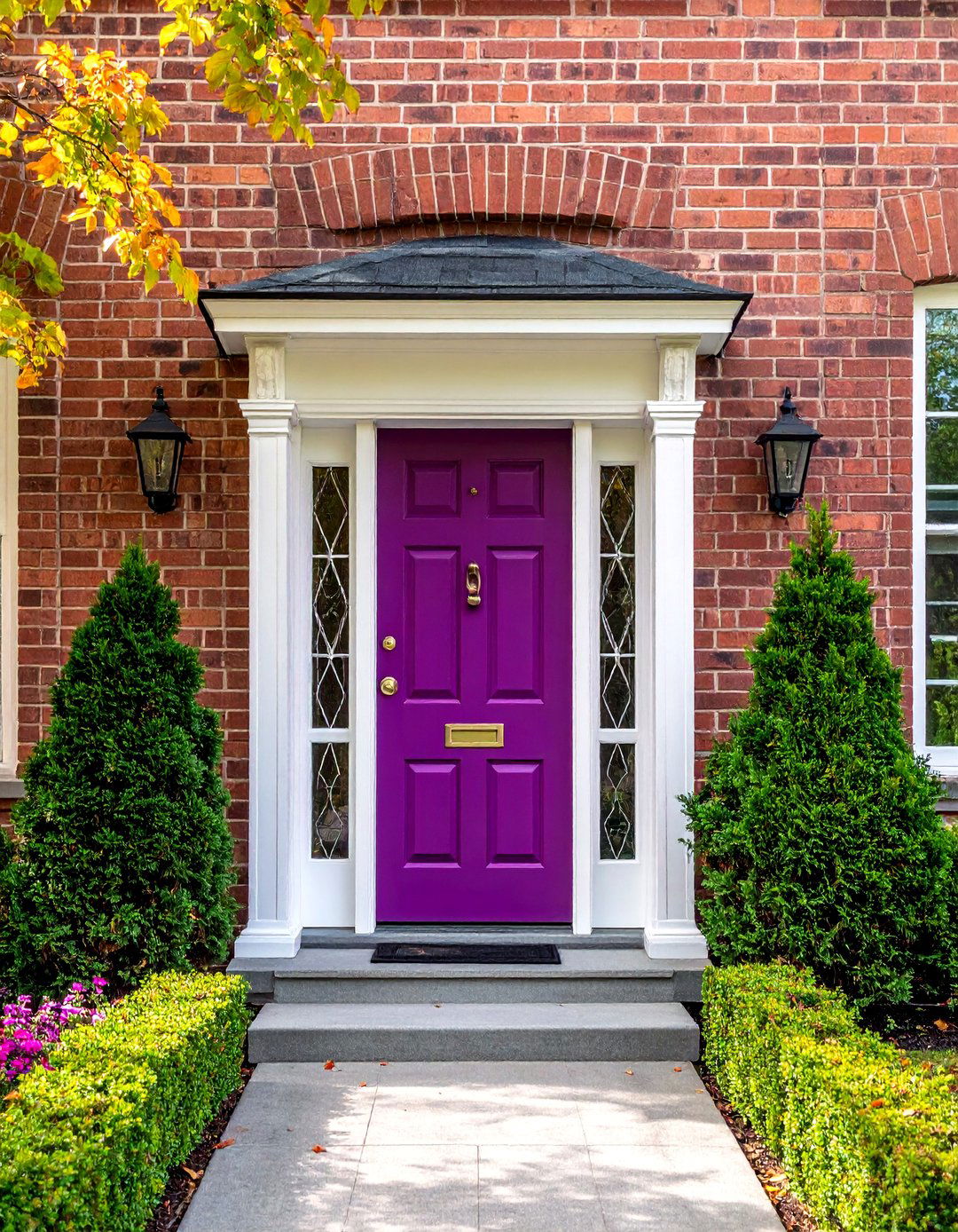 Mulberry Purple Front Door Flanked by Sidelights