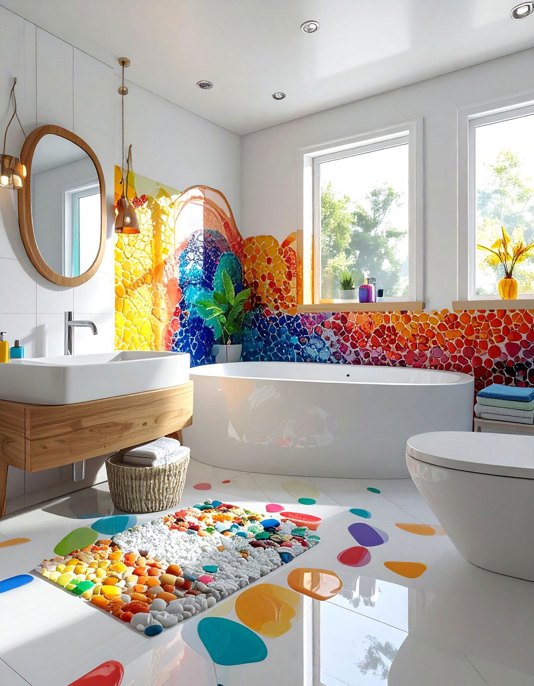Multi Colored Artistic Expression - 20 Pebble Tile Bathroom Ideas for a Natural Look