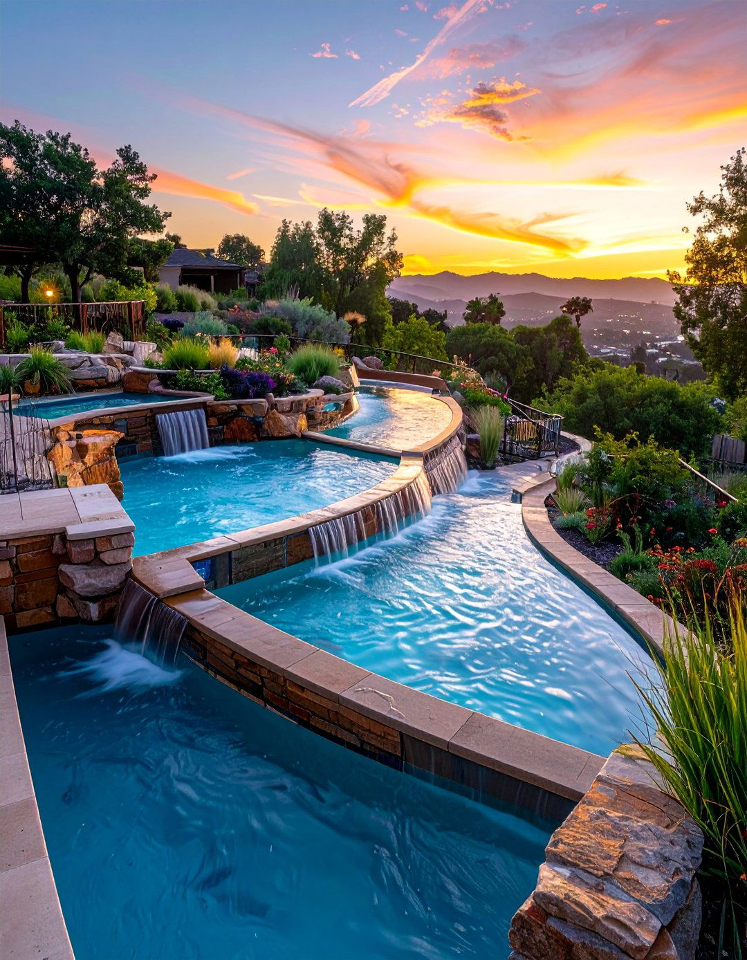 Multi Level Terraced Lazy River Design - 20 Lazy River Swimming Pool Ideas for Backyard Bliss