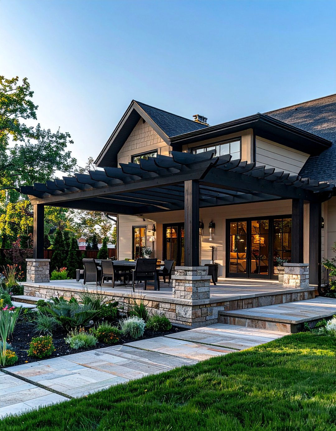 Muted Beige Siding with a Black Pergola - 30 Beige and Black House Exterior Ideas for Curb Appeal