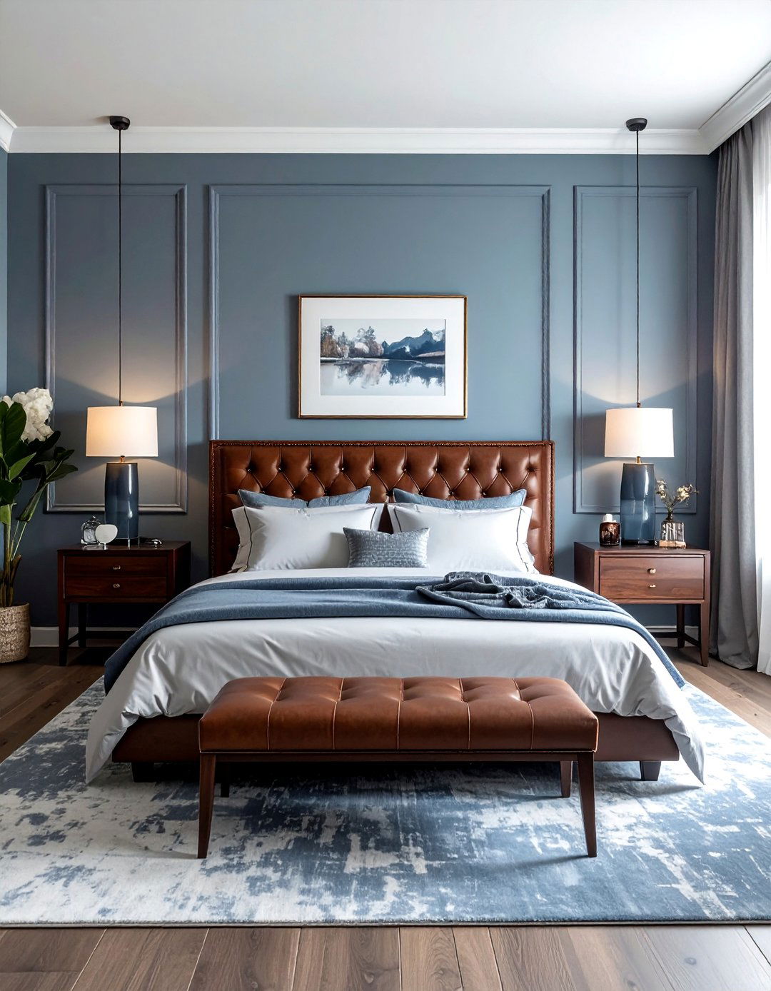 Muted Blue with Leather Accents - 40 Blue Bedroom Ideas for a Serene and Relaxing Atmosphere