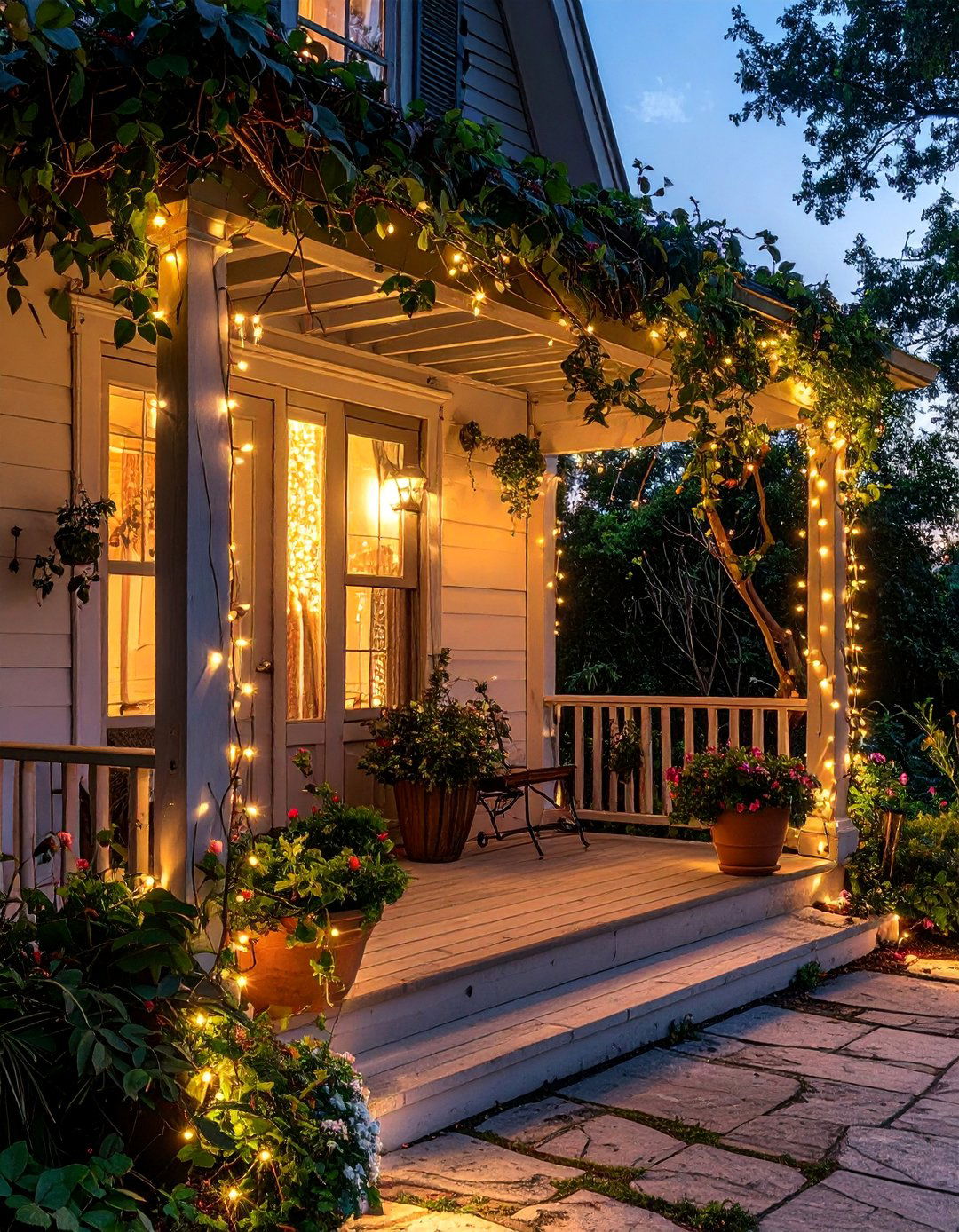 Natural Branch Integration - 20 Front Porch String Lights Ideas for a Cozy Ambiance