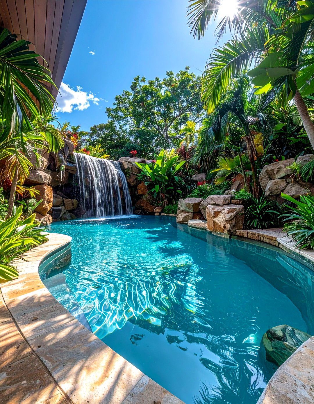 Natural Lagoon Pool with Rock Waterfall - 40 Backyard Pool Ideas for a Refreshing Summer Oasis