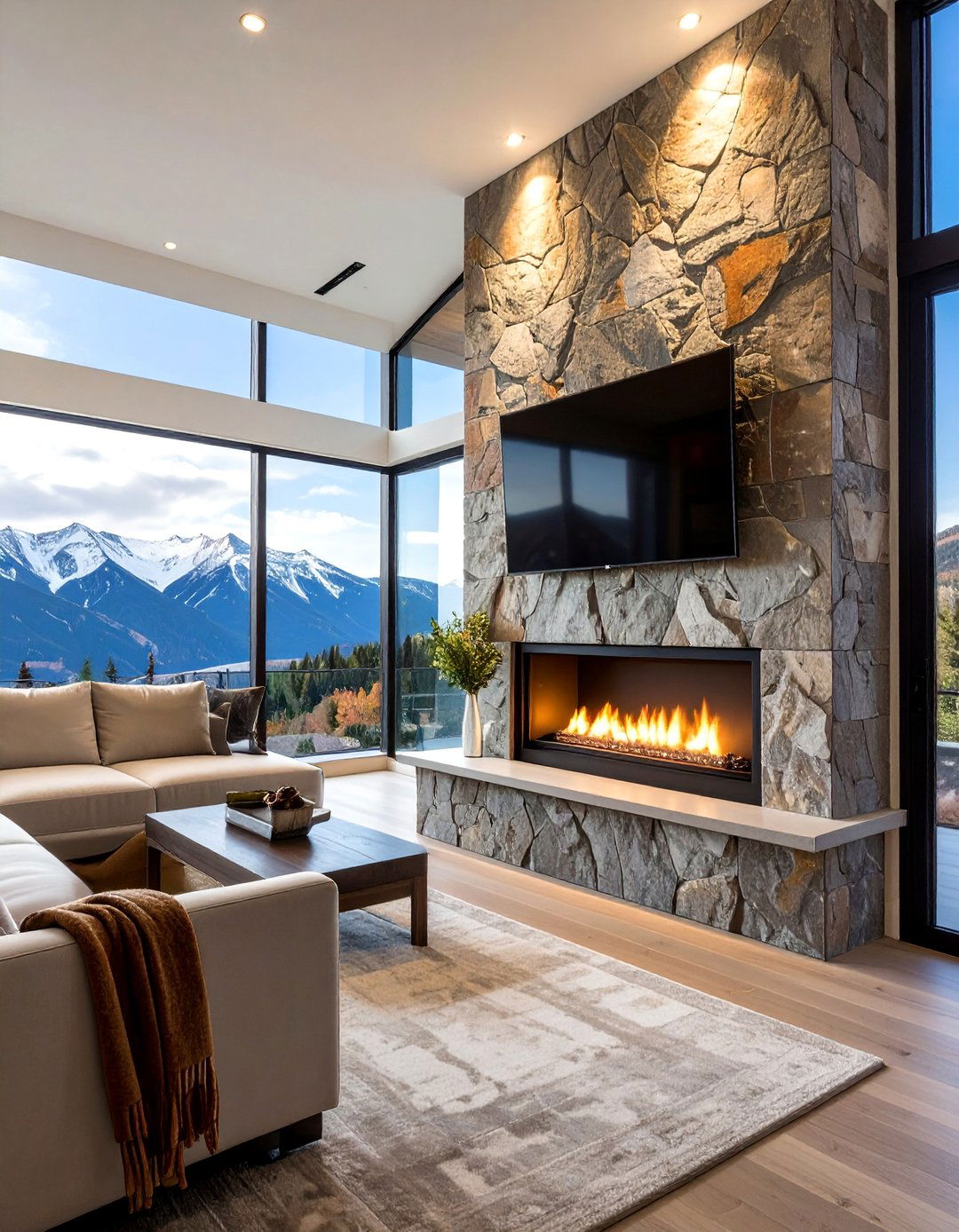 Natural Stone Linear Fireplace Design - 20 Linear Fireplace Ideas With TV Above for Cozy Nights