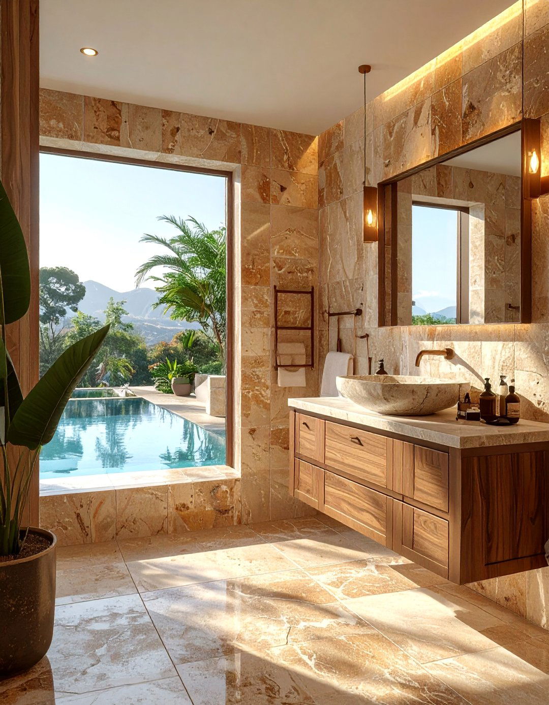 Natural Stone Oasis Pool Bathroom - 20 Pool Bathroom Ideas for a Luxurious Spa Feel