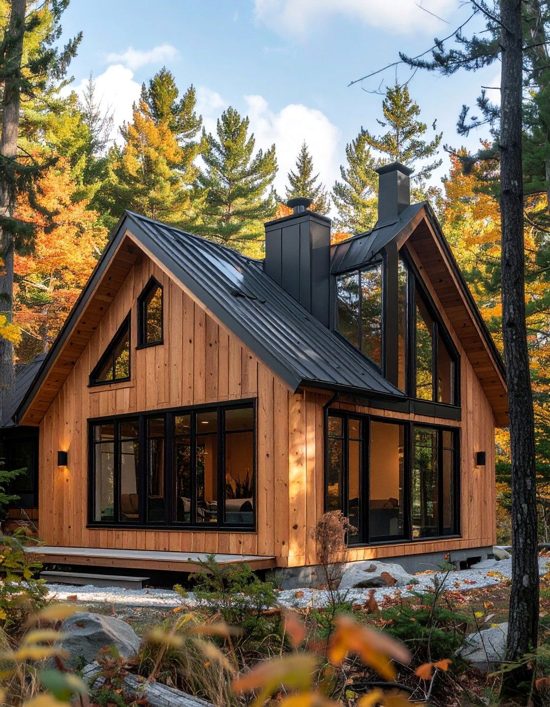 Natural Wood Siding House With Black Windows - 30 Houses With Black Windows for Bold Style