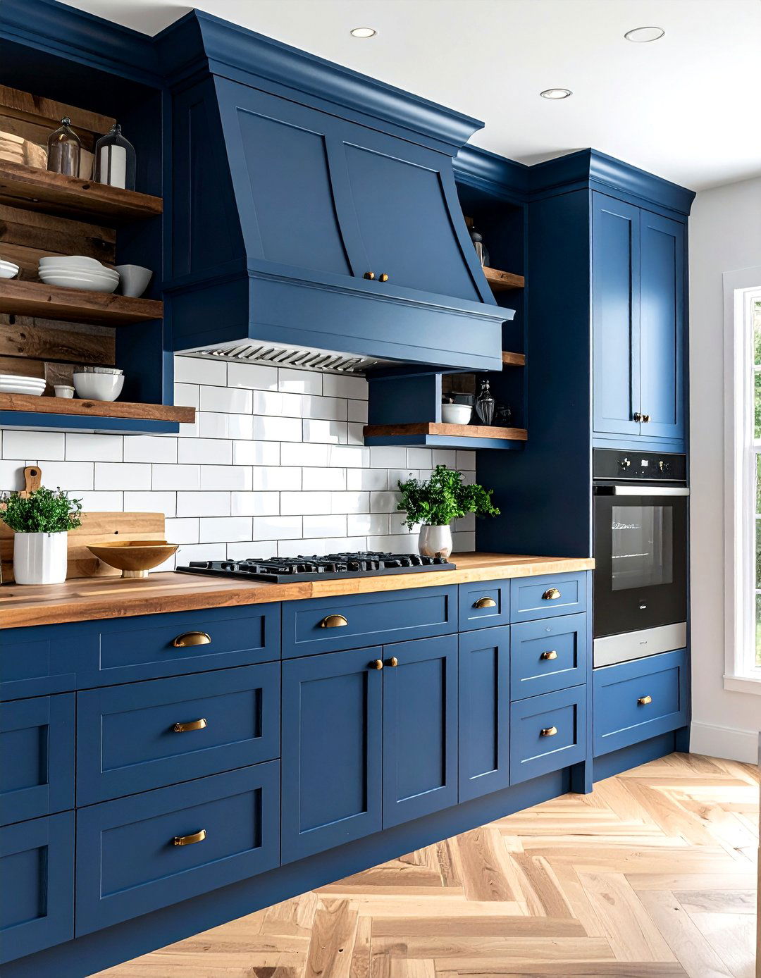 Navy Blue Shaker Cabinets with Butcher Block Countertops