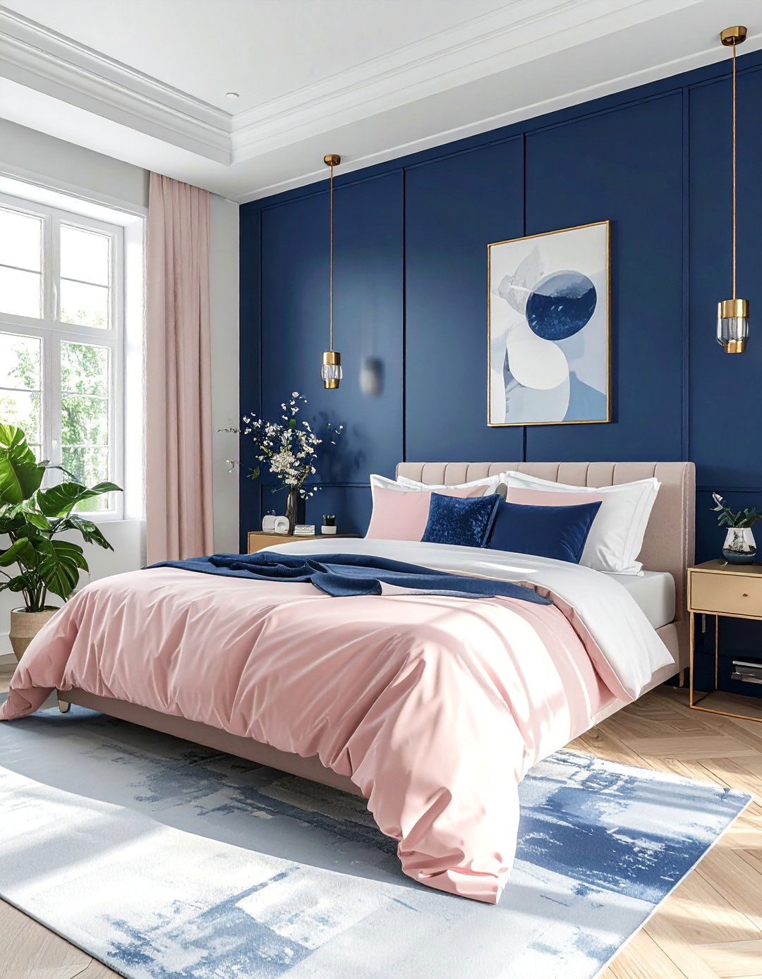 Navy and Blush Pink Color Scheme - 40 Blue Bedroom Ideas for a Serene and Relaxing Atmosphere