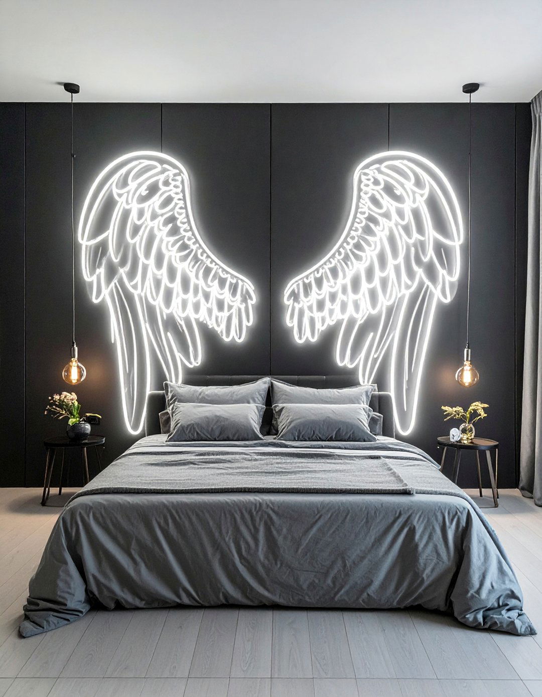 Neon Angel Wings Behind the Bed - 30 Neon Bedroom Ideas to Brighten Your Space