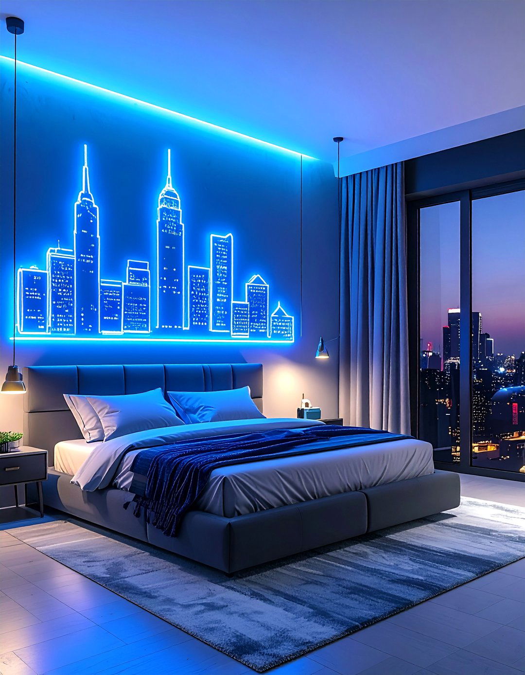 Neon Cityscape Silhouette - 30 Neon Bedroom Ideas to Brighten Your Space