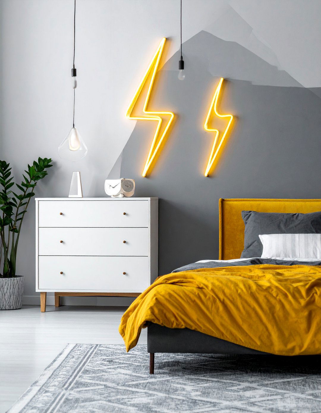 Neon Lightning Bolt Light - 30 Neon Bedroom Ideas to Brighten Your Space