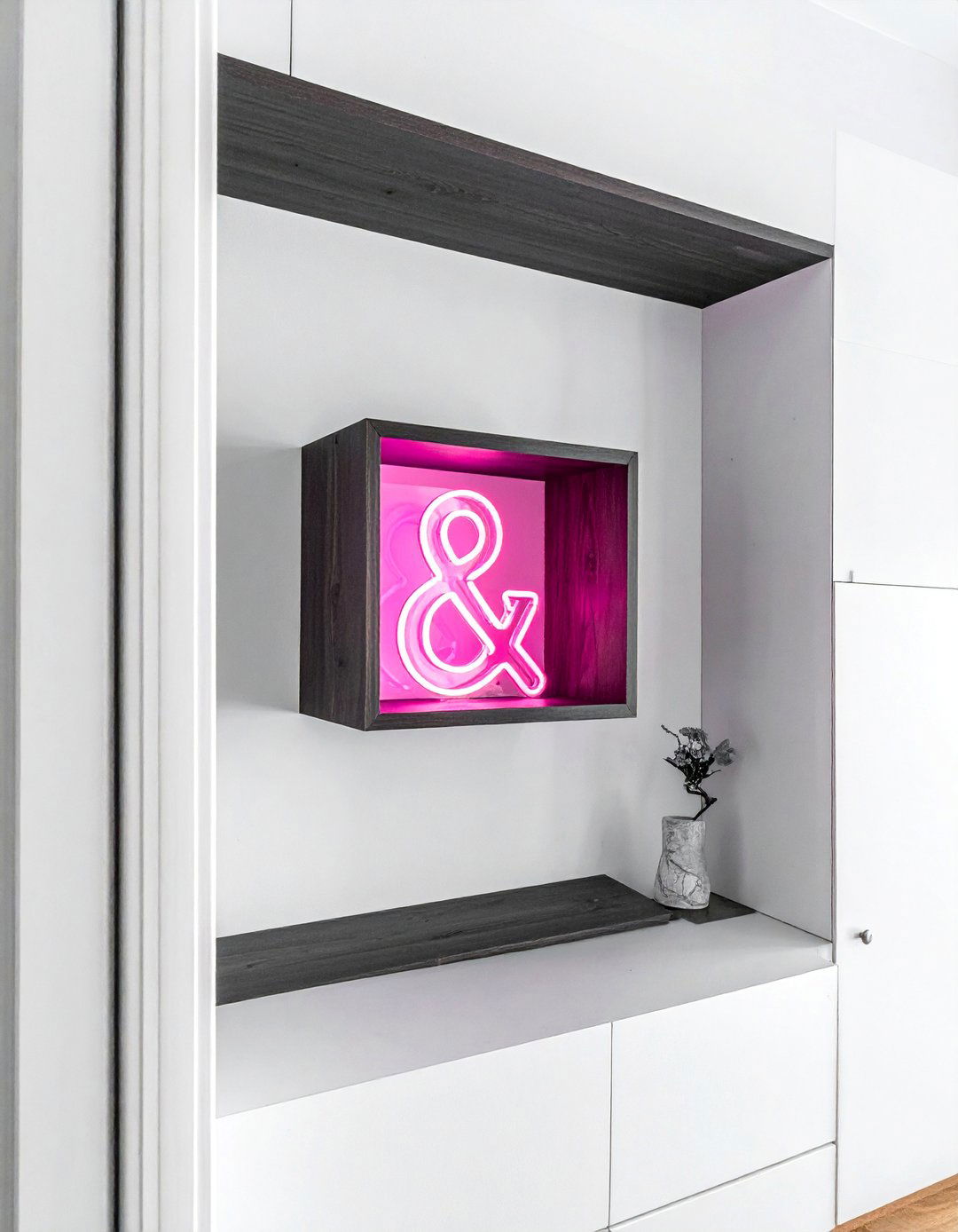Neon Sign Inside a Bookshelf - 30 Neon Bedroom Ideas to Brighten Your Space
