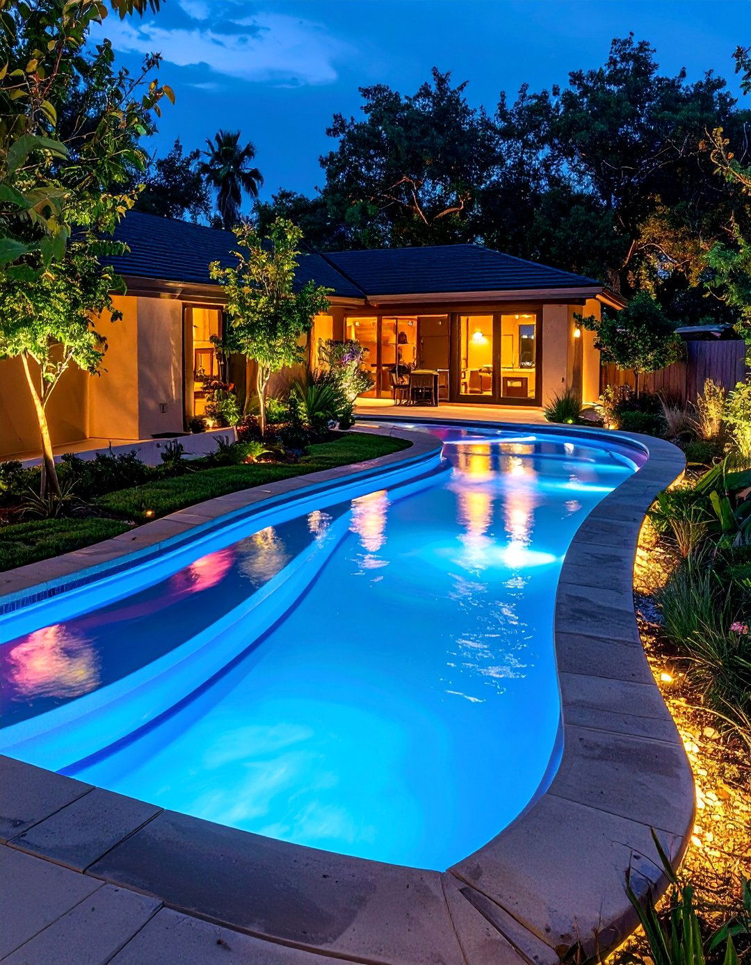 Nighttime Illuminated Lazy River Spectacle - 20 Lazy River Swimming Pool Ideas for Backyard Bliss