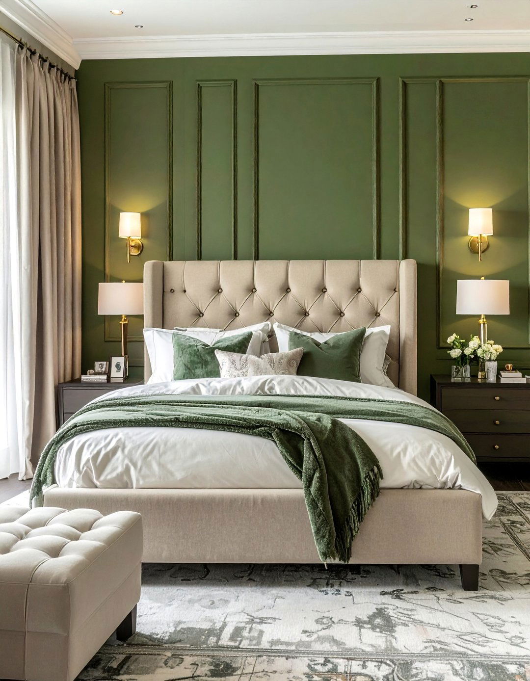 Olive Green Walls and a Beige Upholstered Headboard - 30 Green and Beige Bedroom Ideas for Serenity