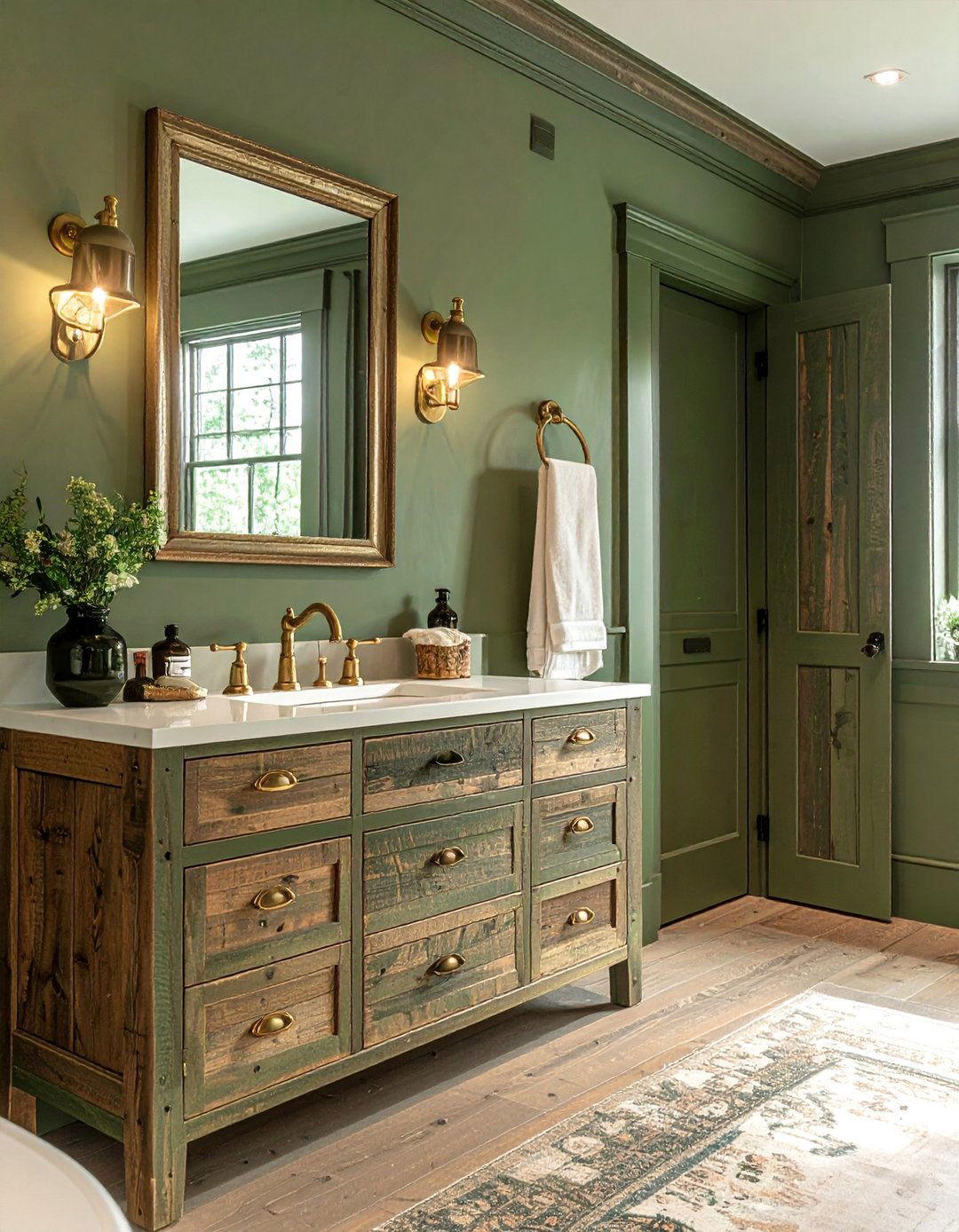 Olive Green Walls with Antique Gold Hardware - 20 Green and Gold Bathroom Ideas for a Luxurious Feel