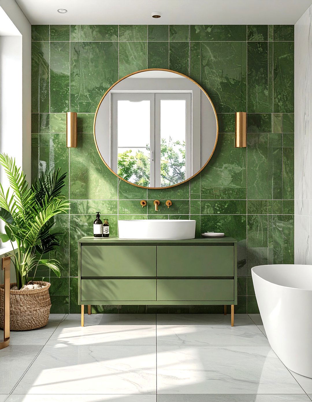 Olive Green Zellige Tile Bathroom Wall - 25 Green Tile Bathroom Ideas for a Fresh Look