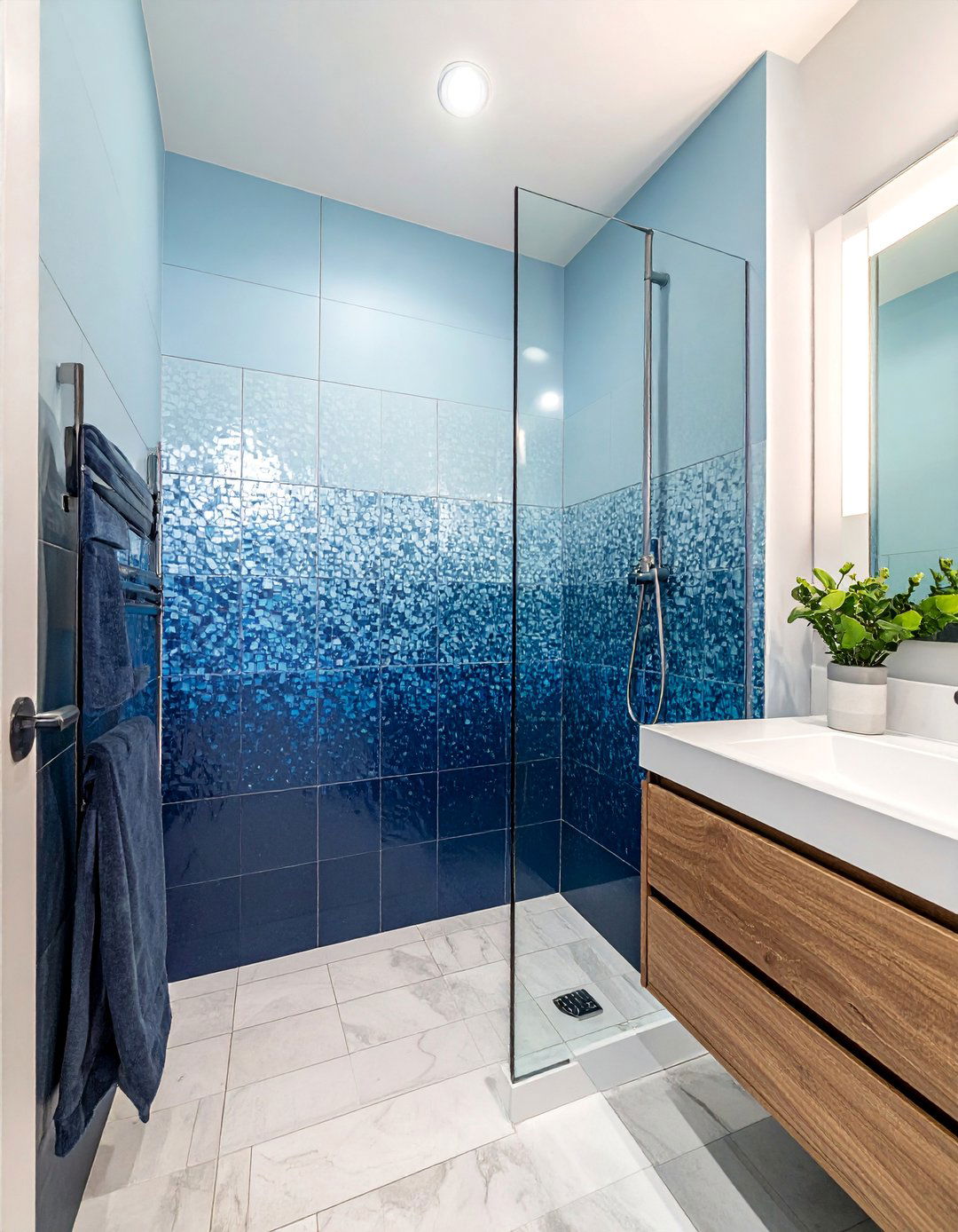 Ombre or Gradient Tile Walk in Shower Wall - 30 Walk-in Shower Tile Ideas for a Luxurious Bathroom