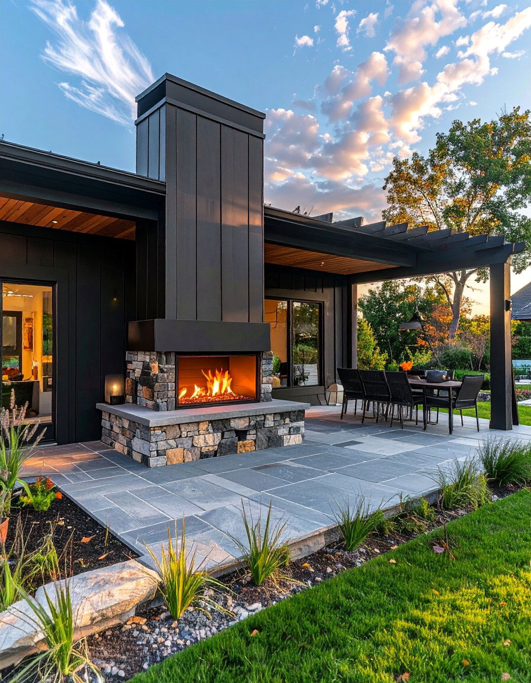 Outdoor Black Shiplap Fireplace on a Covered Patio - 40 Black Shiplap Fireplace Ideas for a Bold and Cozy Focal Point