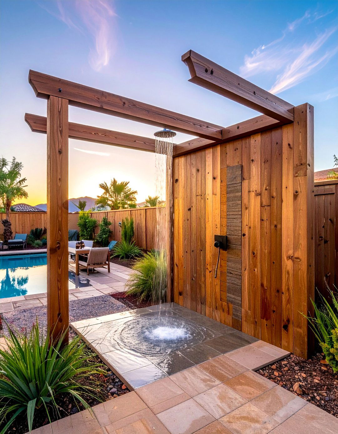 Outdoor Shower for Poolside Convenience - 30 Las Vegas Backyard Landscaping Ideas for Desert Living
