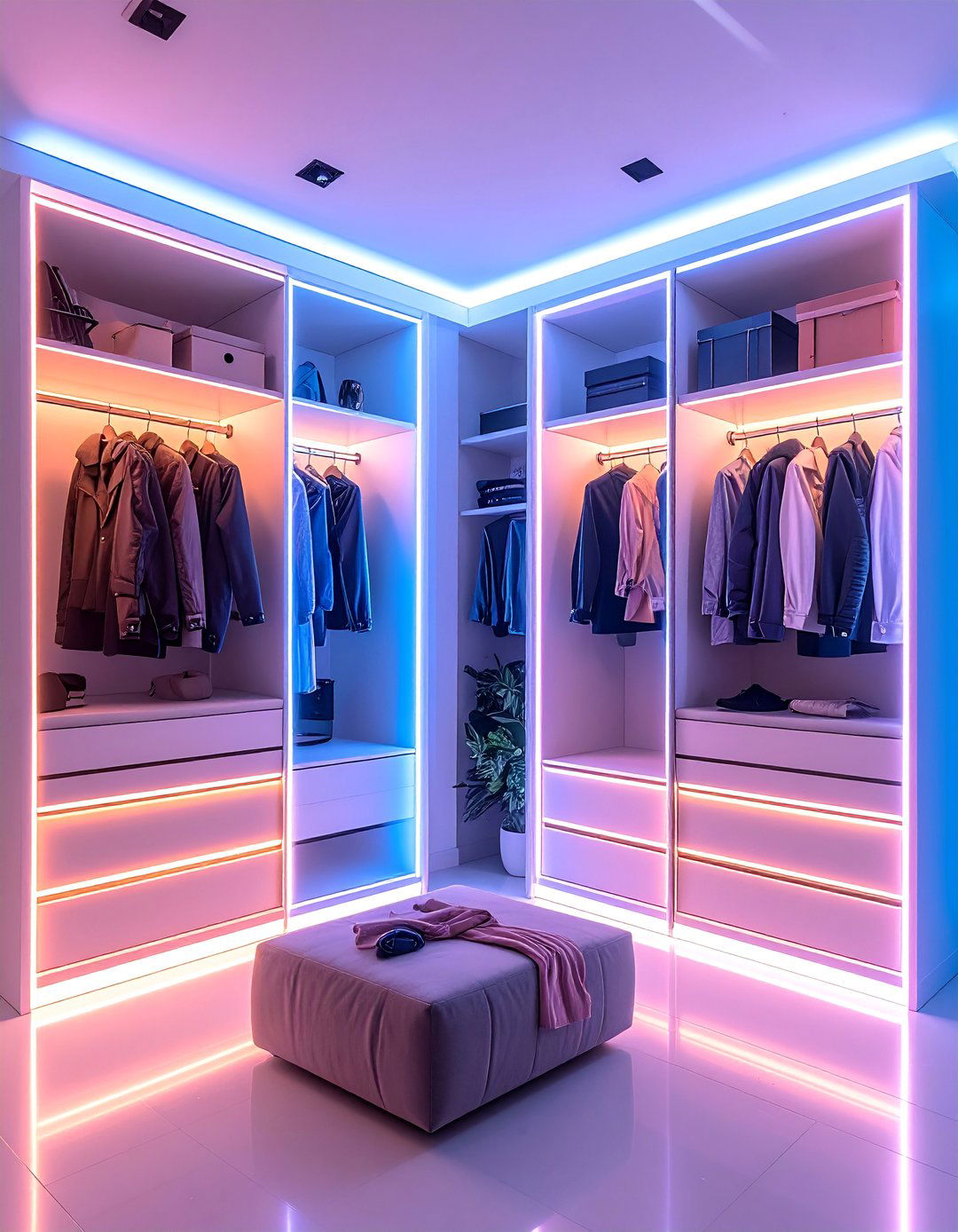 Outlined Wardrobe with Neon Strips - 30 Neon Bedroom Ideas to Brighten Your Space