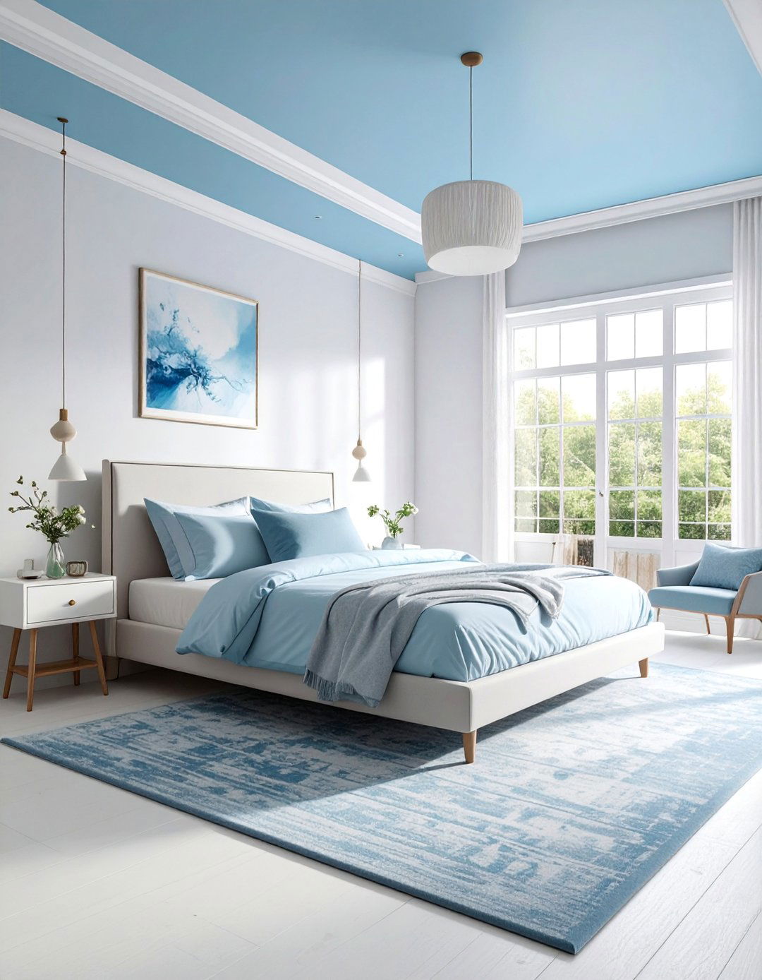 Pale Blue Ceiling with White Walls - 40 Blue Bedroom Ideas for a Serene and Relaxing Atmosphere