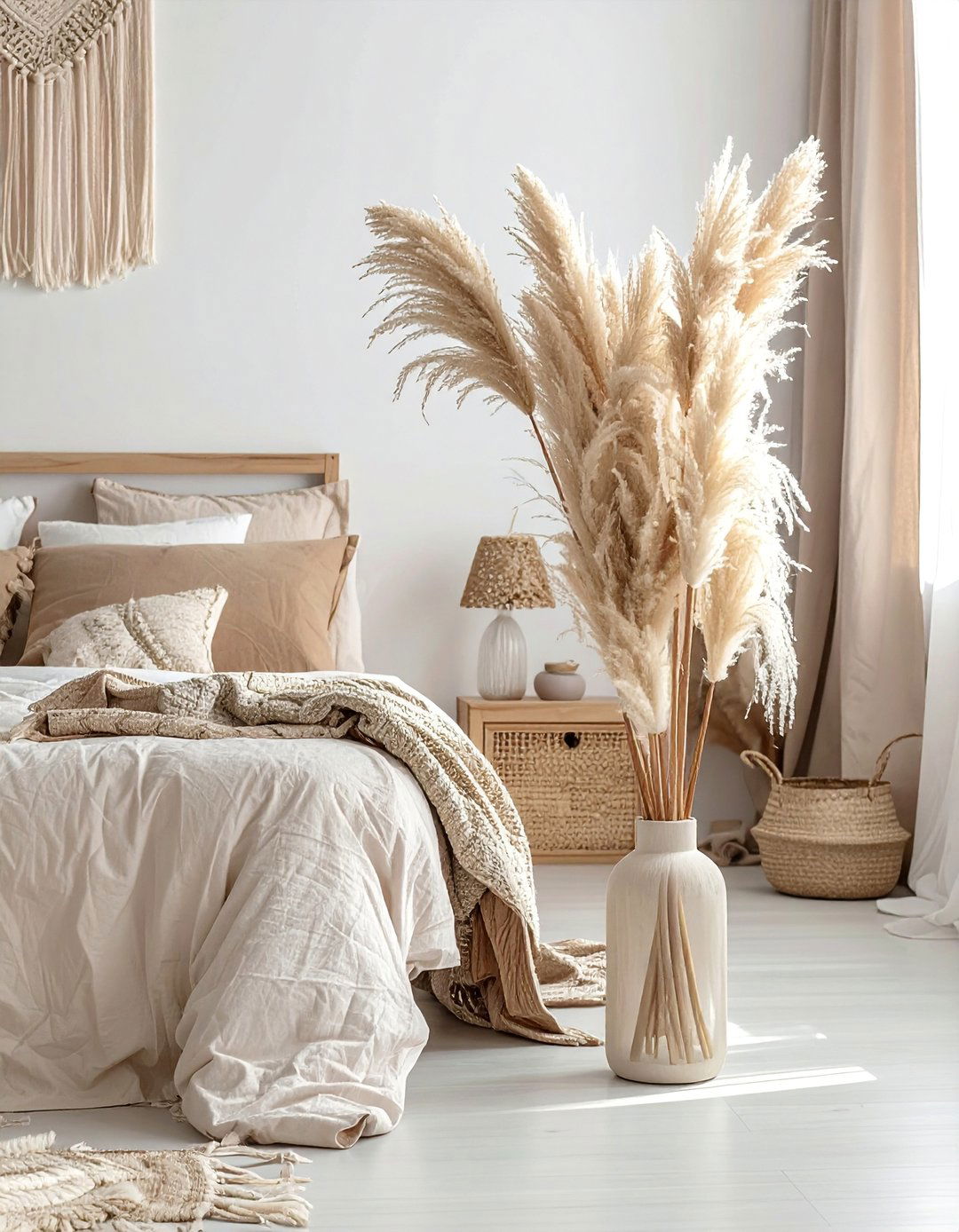 Pampas Grass Arrangements in a Boho Bedroom - 40 Boho Bedroom Ideas for a Cozy and Eclectic Retreat