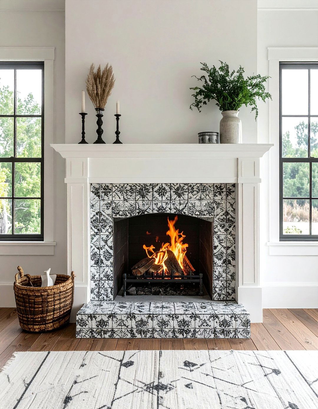 Patterned Encaustic Cement Farmhouse Fireplace Tile - 30 Farmhouse Fireplace Tile Ideas for a Cozy Ambiance