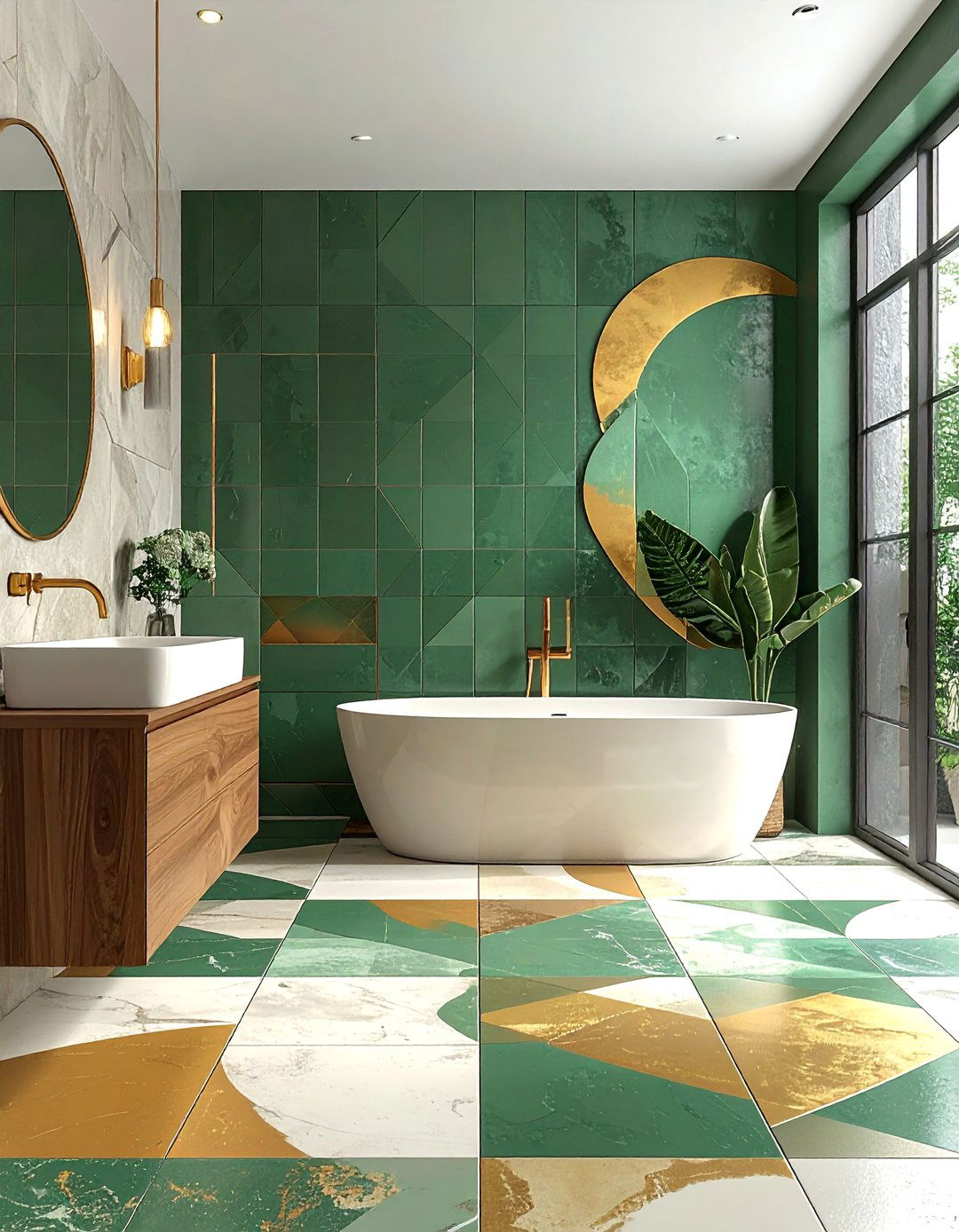Patterned Green and Gold Concrete Floor Tiles - 20 Green and Gold Bathroom Ideas for a Luxurious Feel