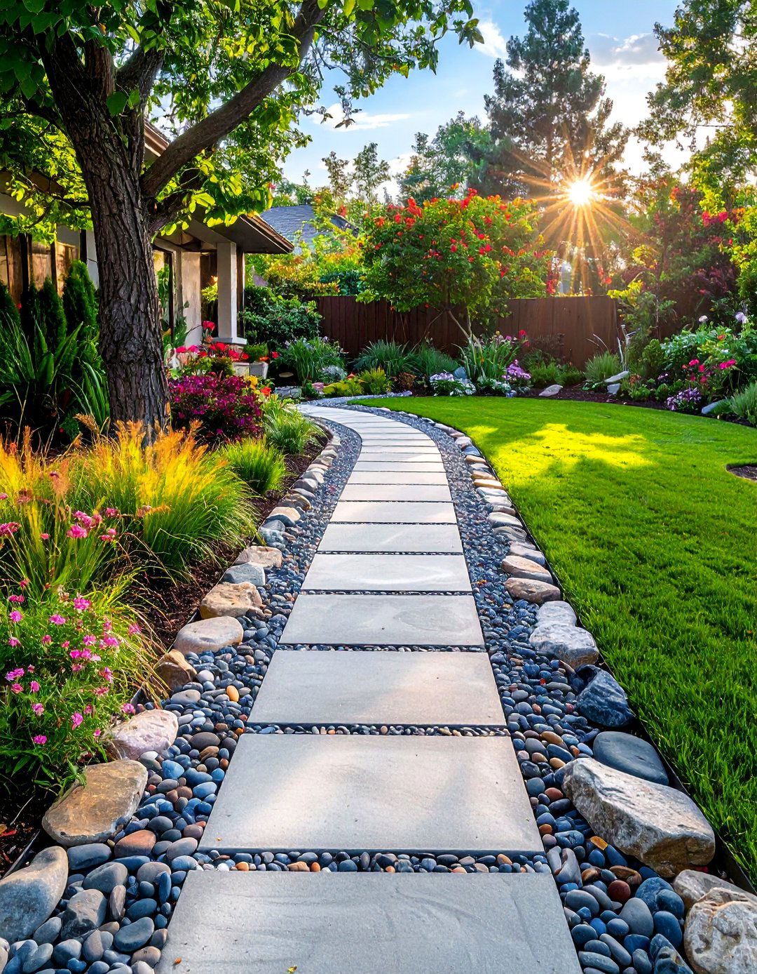 Paver Walkway Edged with River Rocks - 30 Paver Walkway Ideas to Beautify Your Garden
