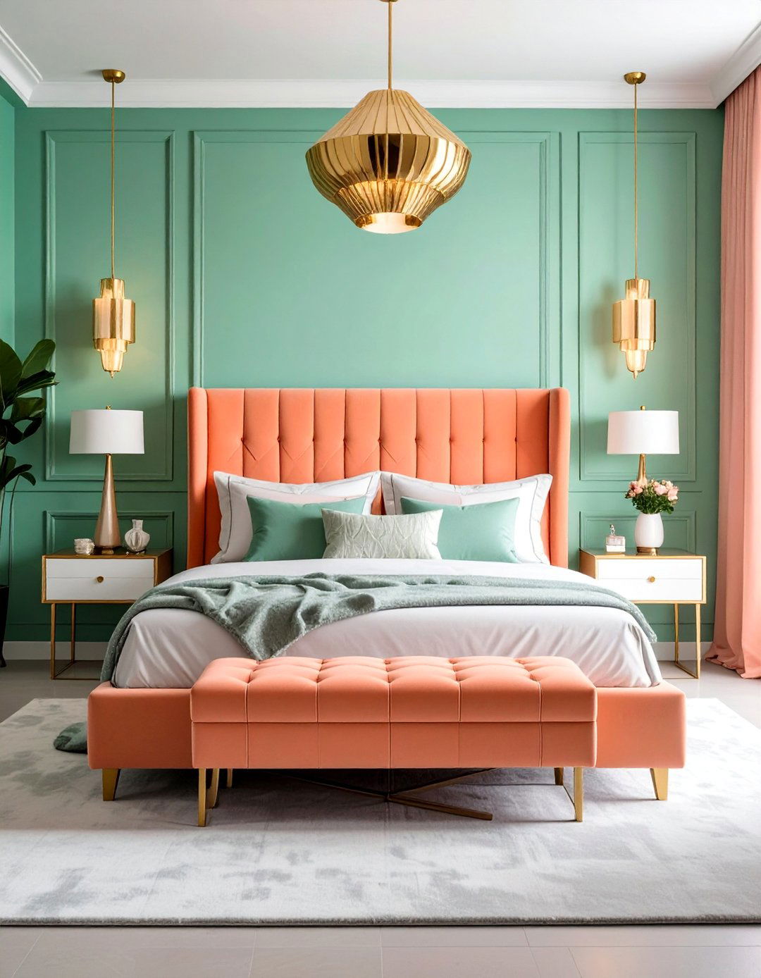 Peach and Mint Green Art Deco Inspired - 30 Colorful Bedroom Ideas for a Vibrant Space
